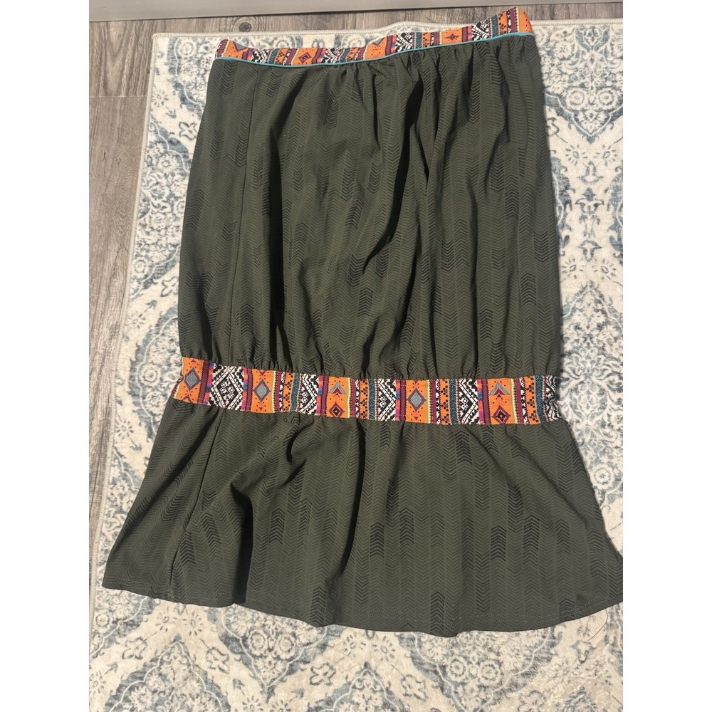 Banana Moon Smocked Waist Swimsuit Coverup Large Green W Geometric Trim Print
